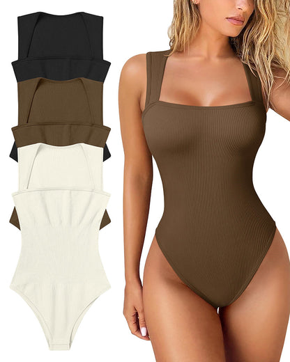 🔥2024  Summer Sale 49% OFF 🔥Sexy Ribbed Strappy Square Neck Sleeveless Tummy Control Tank Tops Bodysuits🩱