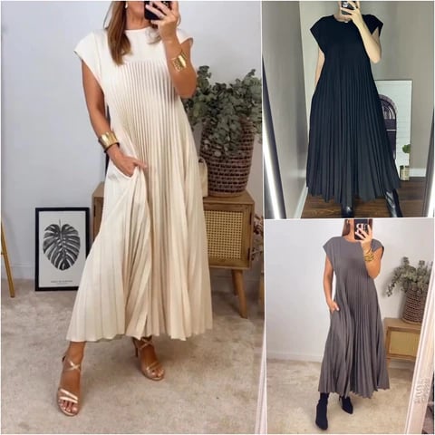 Women Pleated Simple Solid Color Dress