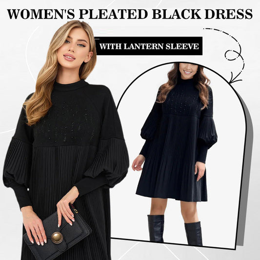 🎁Hot Sale🔥Women's Pleated Black Dress with Lantern Sleeve