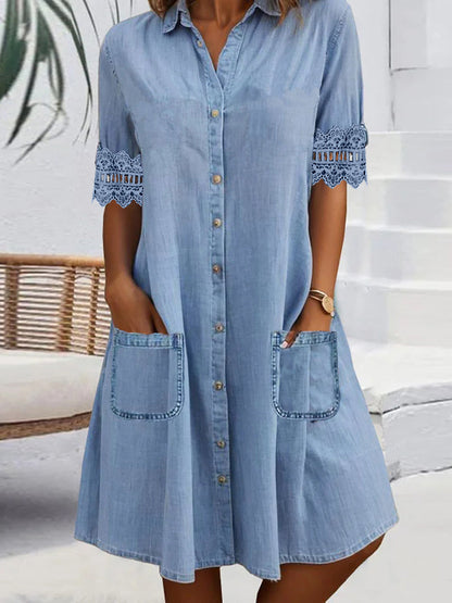 🔥2025 HOT SALE 50% OFF🔥Women's Half Sleeve V-neck Solid Color Lace Buttons Pockets Midi Dress