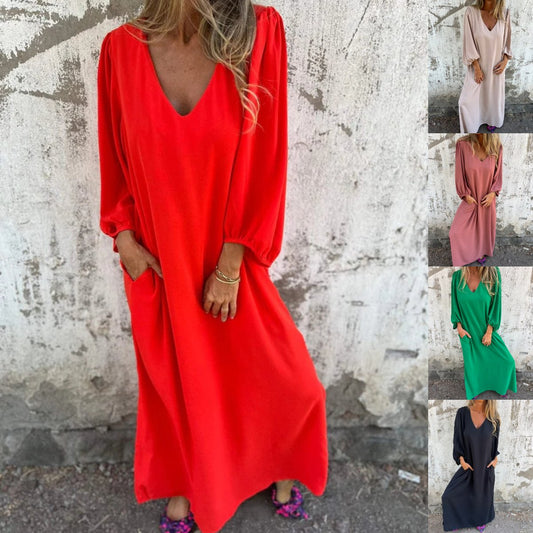 Loose V-neck solid color women's lantern sleeve dress