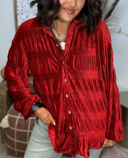 🎅Christmas Promotion Sale❤️‍🔥2024 New Women's Shirred Velvet Button Down Top